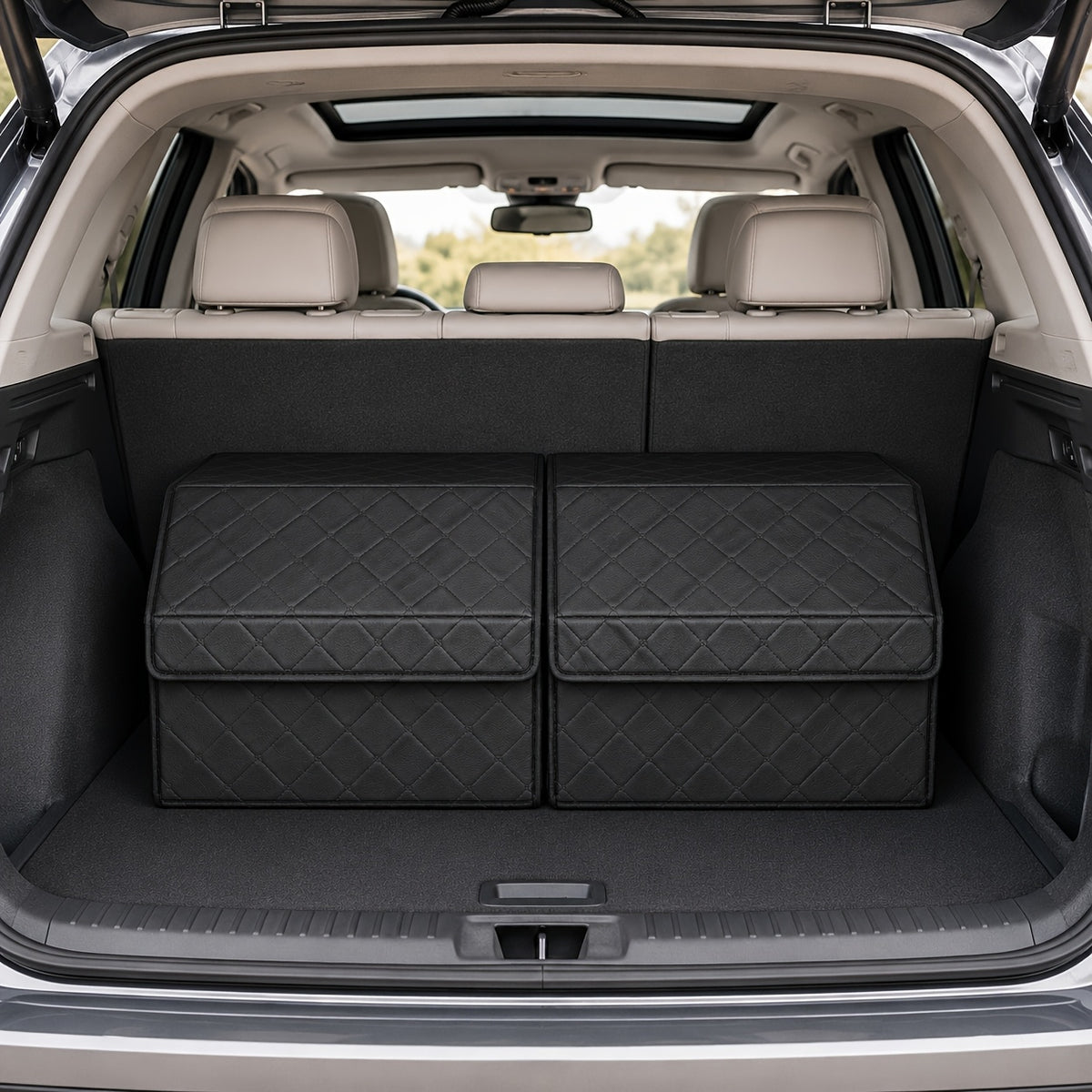 Faux Leather Car Trunk Organizer with Lid, Keep Your Trunk Tidy, Foldable Large Capacity Cargo Storage Box for Groceries, Tools, Sports Gear, Travel Essentials, Suvs, Sedans, And Trucks