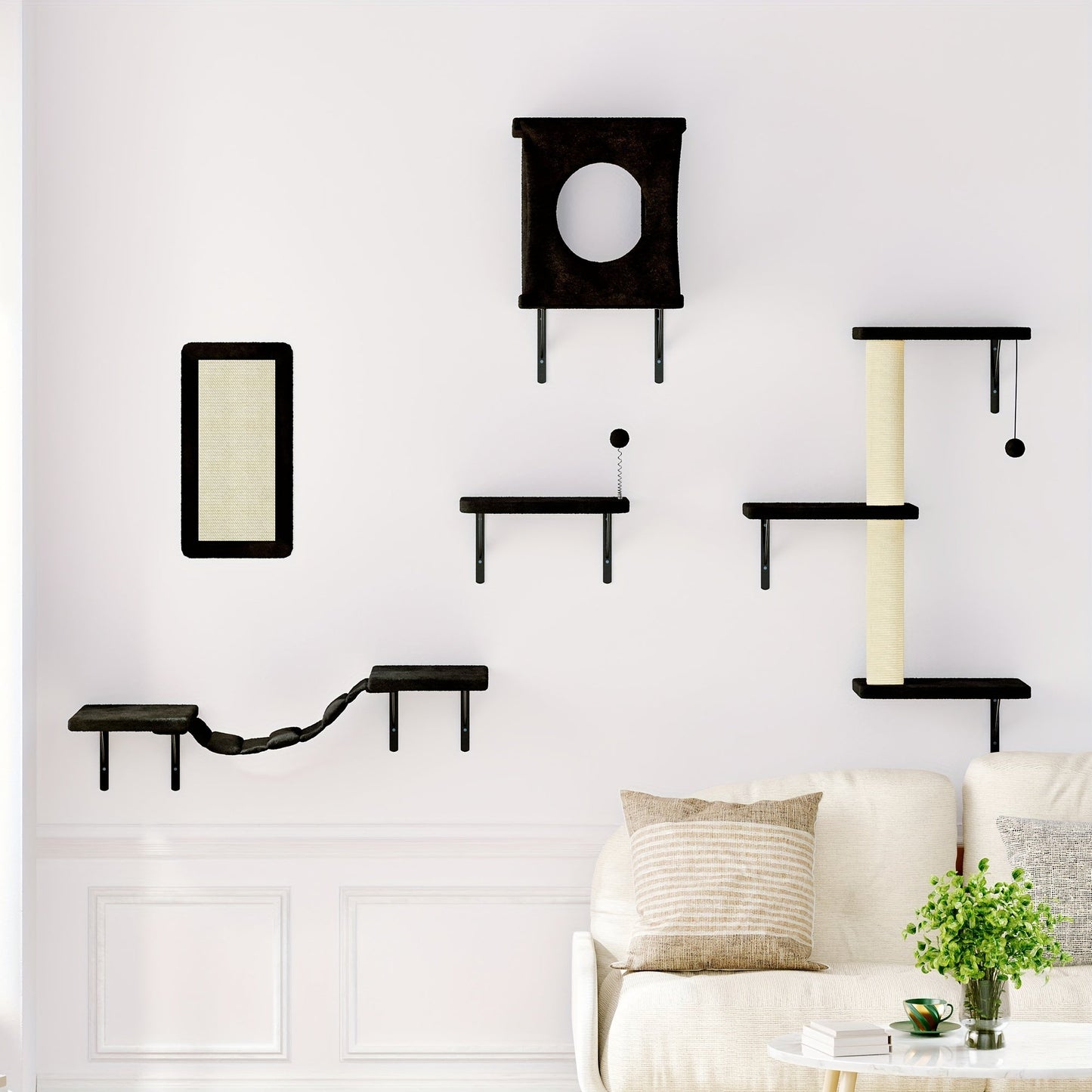 Cat Wall Shelves 5-Piece Set - Wall-Mounted Cat Furniture with Floating Perch, Cat Climber, Bridge & Cat Bed, Modern Cat Tree Alternative for Indoor Cats, Black / Grey / Beige