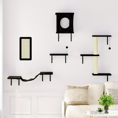 Cat Wall Shelves 5-Piece Set - Wall-Mounted Cat Furniture with Floating Perch, Cat Climber, Bridge & Cat Bed, Modern Cat Tree Alternative for Indoor Cats, Black / Grey / Beige