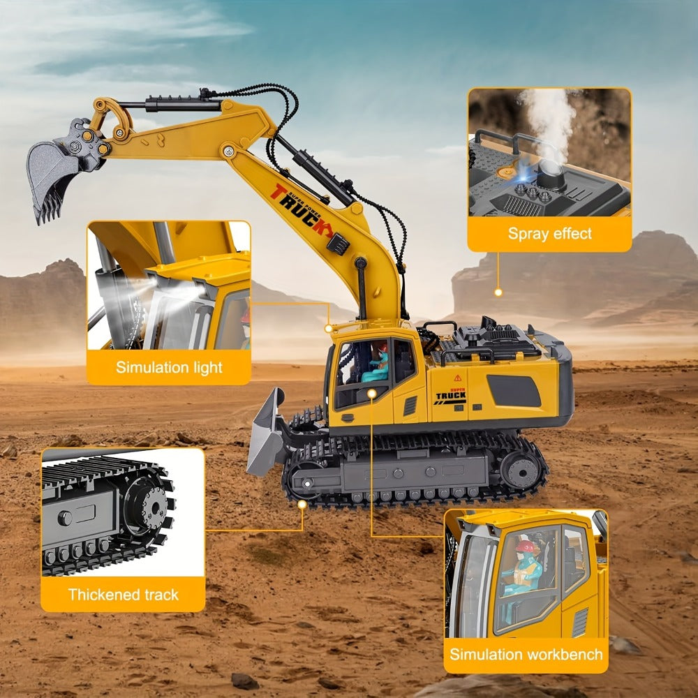 RC Excavator 120-Minute Battery Life Metal Shovel LED Lights – 13CH or 17CH Remote Control Construction Truck 1200mAh Rechargeable Digging Toy for Boys Ages 8+ Birthday Christmas Gift Yellow Gray