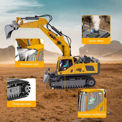 RC Excavator 120-Minute Battery Life Metal Shovel LED Lights – 13CH or 17CH Remote Control Construction Truck 1200mAh Rechargeable Digging Toy for Boys Ages 8+ Birthday Christmas Gift Yellow Gray