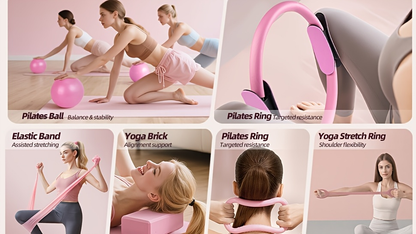 Pilates Kit for Women 14-in-1 – Pilates Ring, 2 Balls, 5 Resistance Bands & Yoga Block for Full Body Core & Flexibility Training, Portable Home Pilates Set