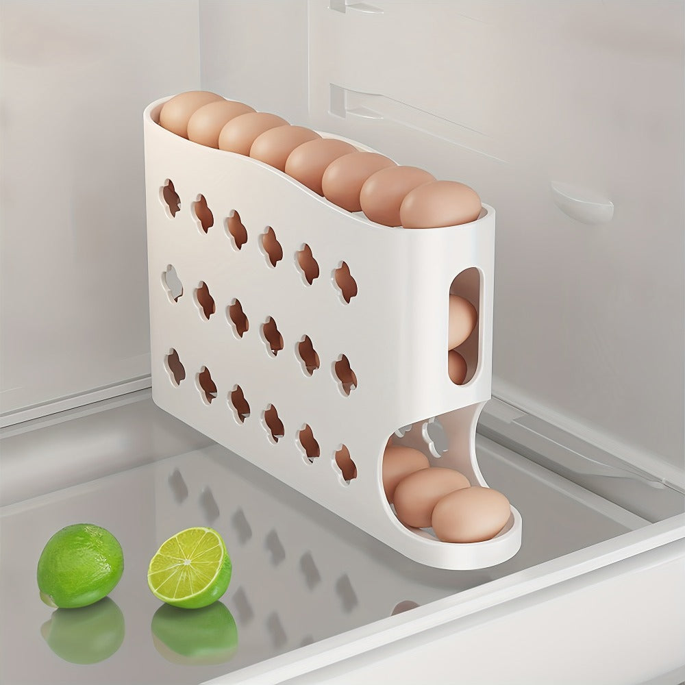 Egg Dispenser for Refrigerator, 4-Tier Automatic Rolling Egg Holder Rack – Space-Saving Egg Storage Organizer for Fridge, Kitchen Cabinet, Countertop and Table