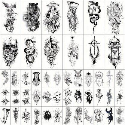 GLARYYEARS Realistic Temporary Tattoos for Men Women 48pcs Skull Snake Black Dark Art Body Arm Designs Waterproof Long Lasting Non-Toxic 12 Large 36 Small Sheets