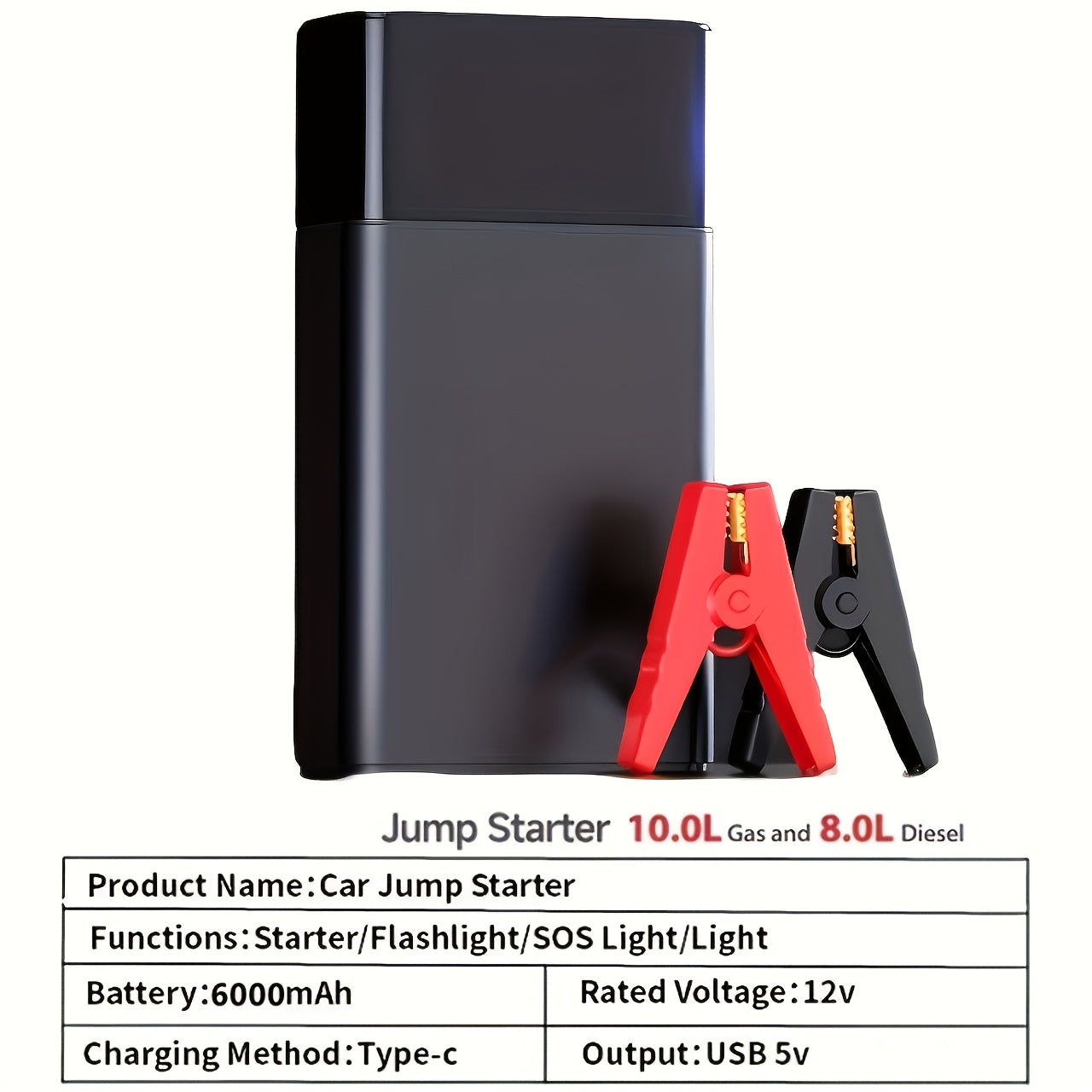 Upgraded 7-in-1 Portable Car Jump Starter – Multifunctional Emergency Battery Booster for 12V Vehicles Up to 2.64gal Gas / 2.38gal Diesel, LED Emergency Light, Available with or without Air Pump