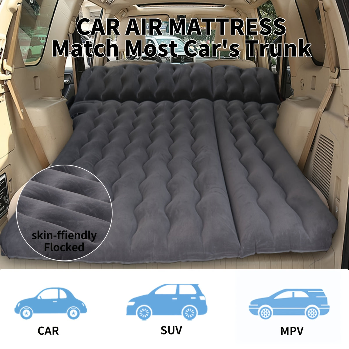 SUV Air Mattress: Inflatable Car Air Mattress for Camping, Flocking Car Bed with Air Pump And 2 Pillows, Portable Sleeping Pad Mattress for Home Car Travel Camping Black