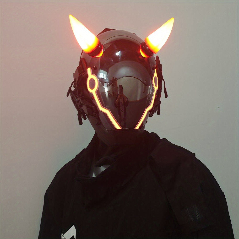 Electric Pink Punk Cosplay Mask with Helmet – Battery-Powered LED Full Face Mask for Halloween, Christmas, Easter, Rave Music Festival & Party, Unisex Adult Costume Prop, Cool Gift for Men & Women