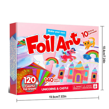 Foil Art Kit for Girls 10 Canvases 120 Colorful Foil Sheets 140+ Foam Stickers – Mess-Free Glue-Free Unicorn Princess Fairy Craft, Birthday Gift for Kids Ages 4 5 6 7 8