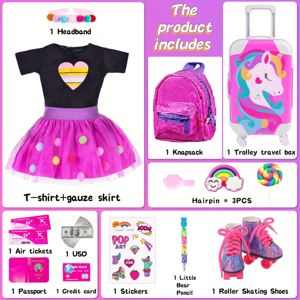 18 Inch Doll Travel Accessories Set 25 Pcs – Unicorn Suitcase, Roller Skates, Outfit, Backpack, Hairpins & Passport for 18 Inch Girl Dolls, Imaginative Play Gift for Girls Ages 3+ (Doll Not Included)