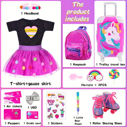 18 Inch Doll Travel Accessories Set 25 Pcs – Unicorn Suitcase, Roller Skates, Outfit, Backpack, Hairpins & Passport for 18 Inch Girl Dolls, Imaginative Play Gift for Girls Ages 3+ (Doll Not Included)