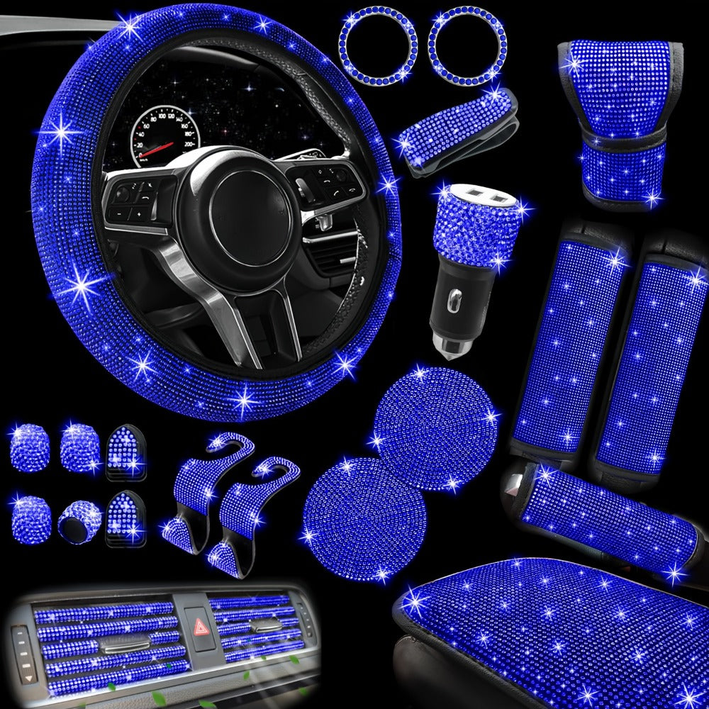 Bling Car Interior Accessories Set for Women 30-Piece – Steering Wheel Cover Universal 15 Inch, Seat Belt Covers, Armrest Cover & Gear Shift Cover, Woven Glitter Car Décor Kit