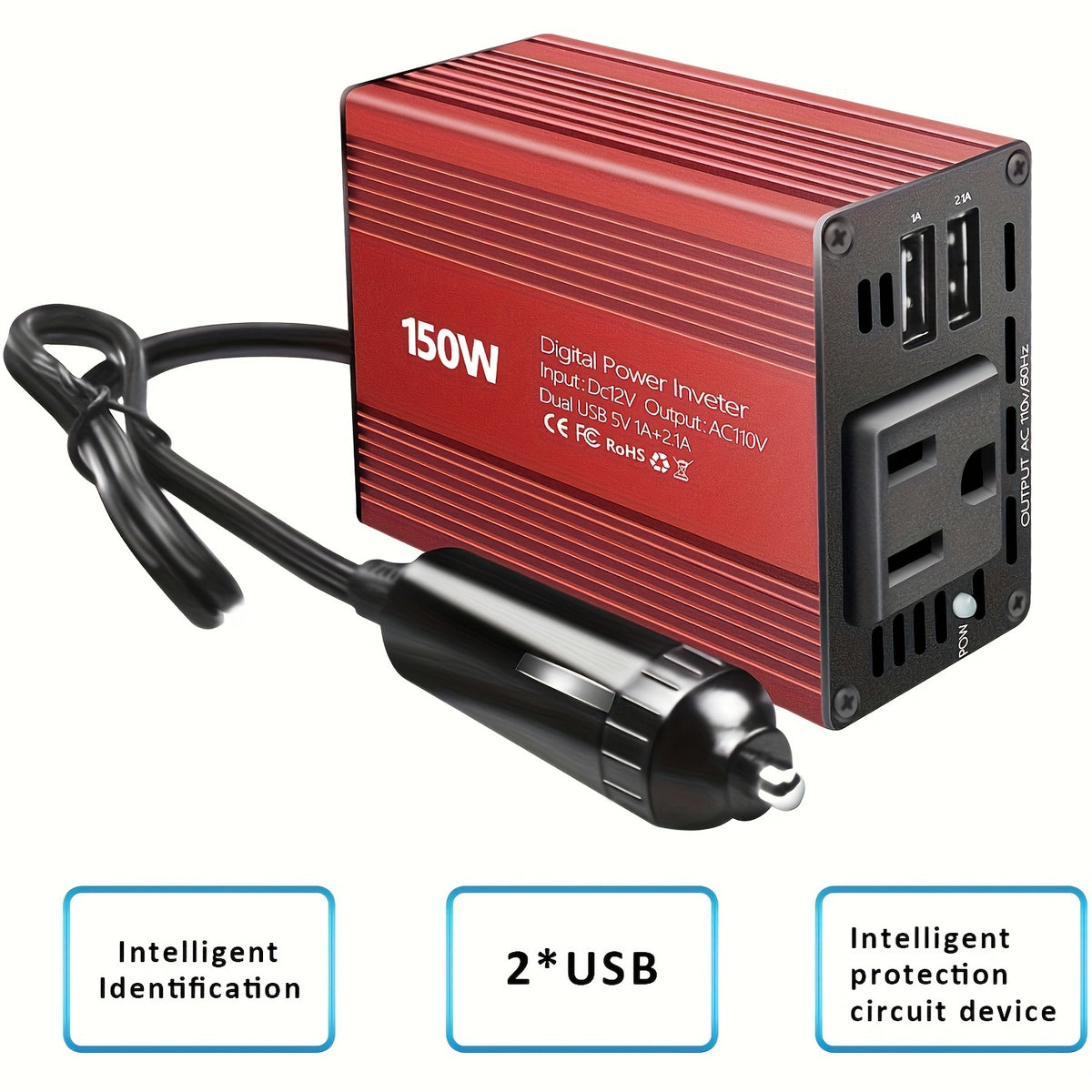 150W Car Power Inverter 12V DC to 110V AC Converter Vehicle Adapter Plug Outlet with 3.1A Dual USB Car Charger for Laptop Computer