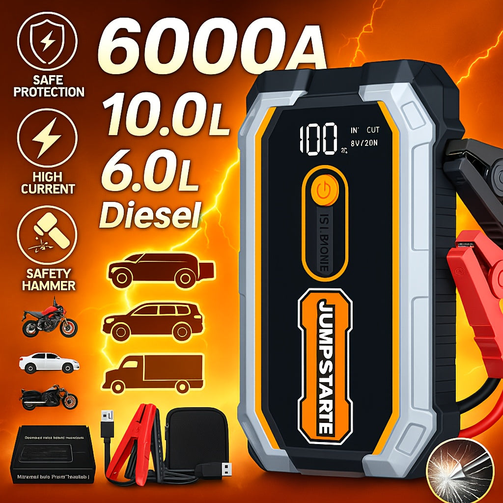Car Jump Starter, 6000A Portable Battery Jumper Starter Pack for 2.64gal Gas & 1.59gal Diesel Engines, 12V Auto Battery Booster Jump Box with LED Light, Power Bank, Emergency Car Starter Charger