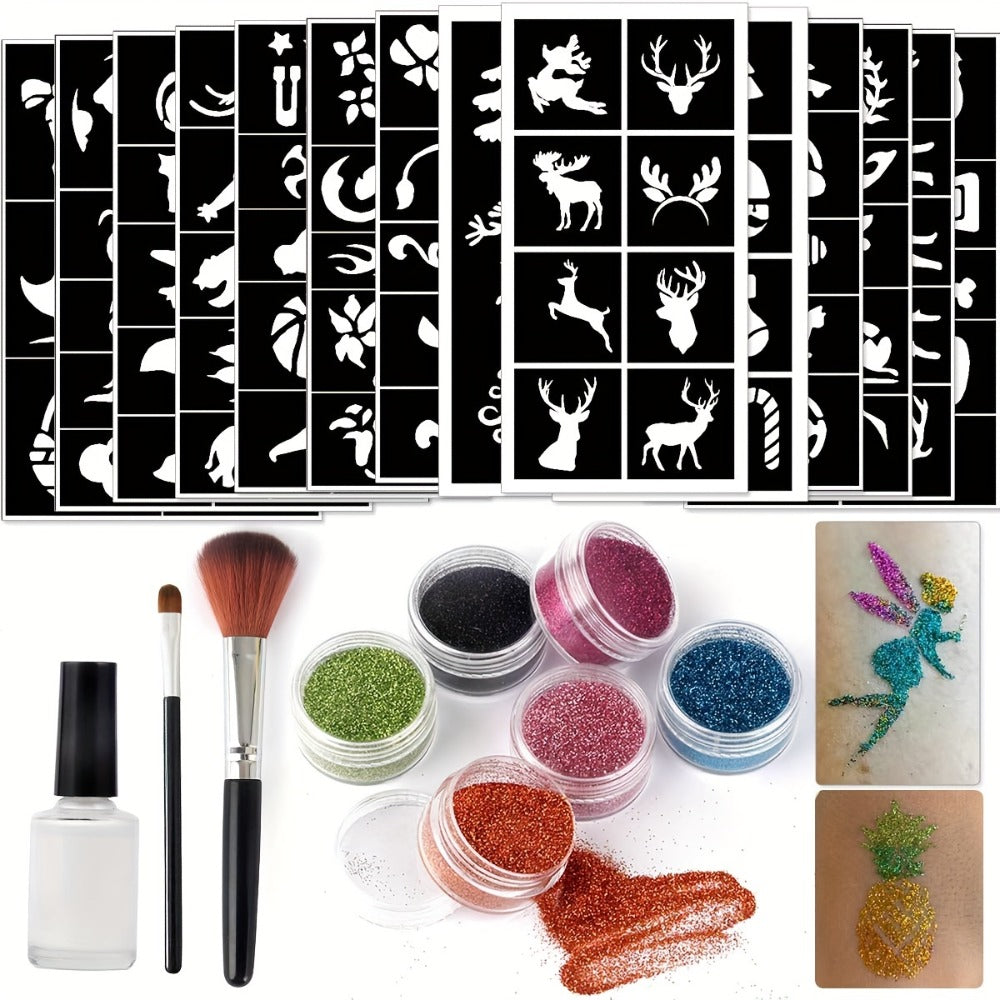 Glitter Tattoo Kit for Kids & Adults – 14 Stencil Sheets 6 Metallic Colors Skin-Safe Body Glue 2 Brushes Temporary Body Art Set for Birthday Parties Festivals Halloween Rave Costume Events