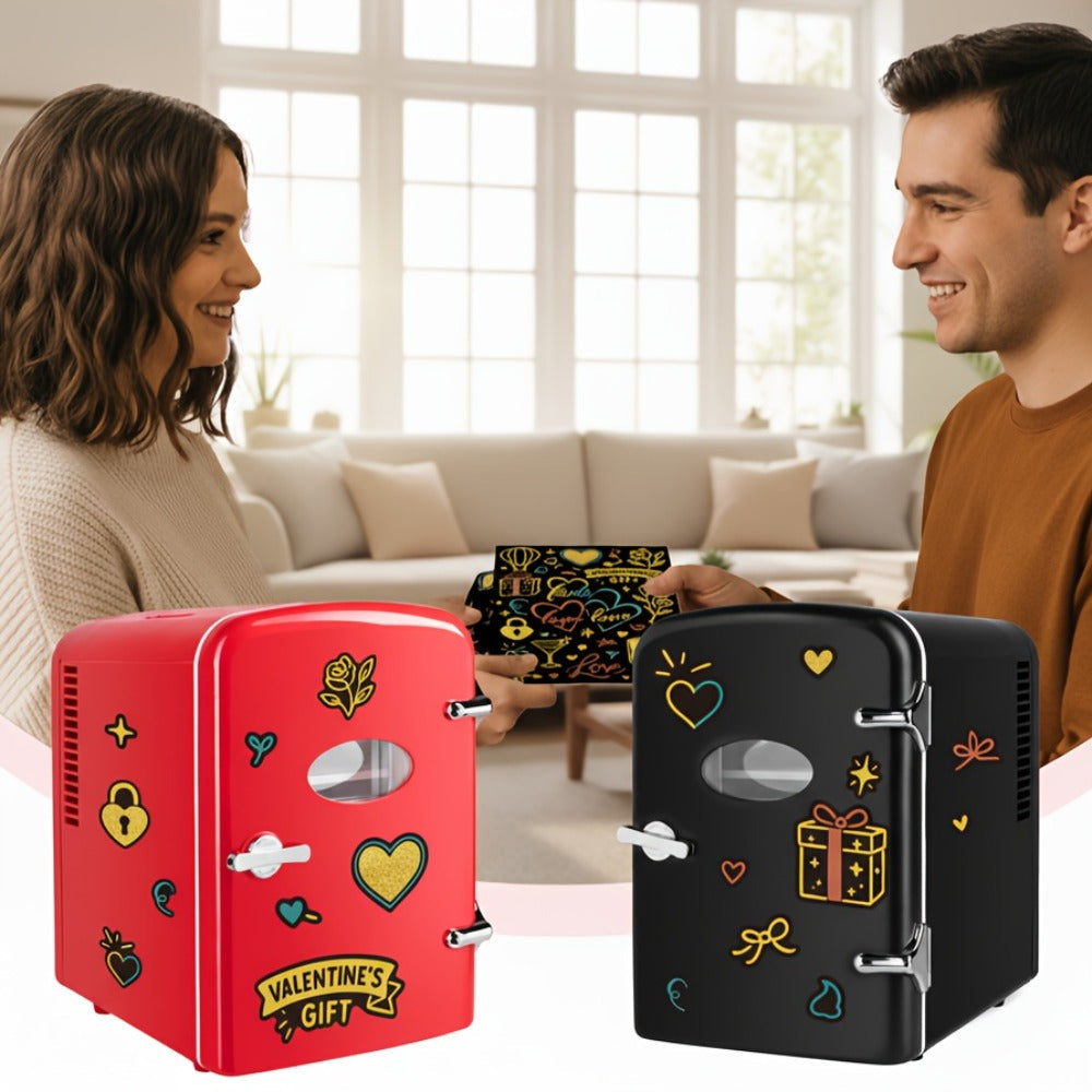 Aesthetic Mini Fridge 4 Liter with Stickers - Portable Cooler and Warmer for 6 Cans, AC/DC Compact Refrigerator for Bedroom, Office, Dorm & Car, Cute Mini Fridge Gift for Friends, Black Pink Red