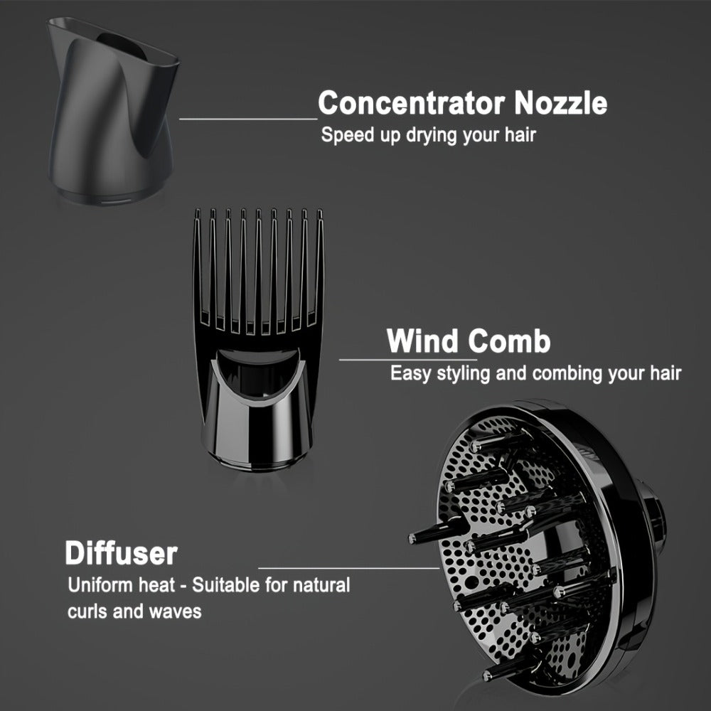 1875W Professional Hair Dryer with Diffuser & Concentrator — Ionic Technology, Salon-Quality Blowout for Curly Hair, Adjustable Cord, US Plug, Black