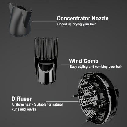 1875W Professional Hair Dryer with Diffuser & Concentrator — Ionic Technology, Salon-Quality Blowout for Curly Hair, Adjustable Cord, US Plug, Black