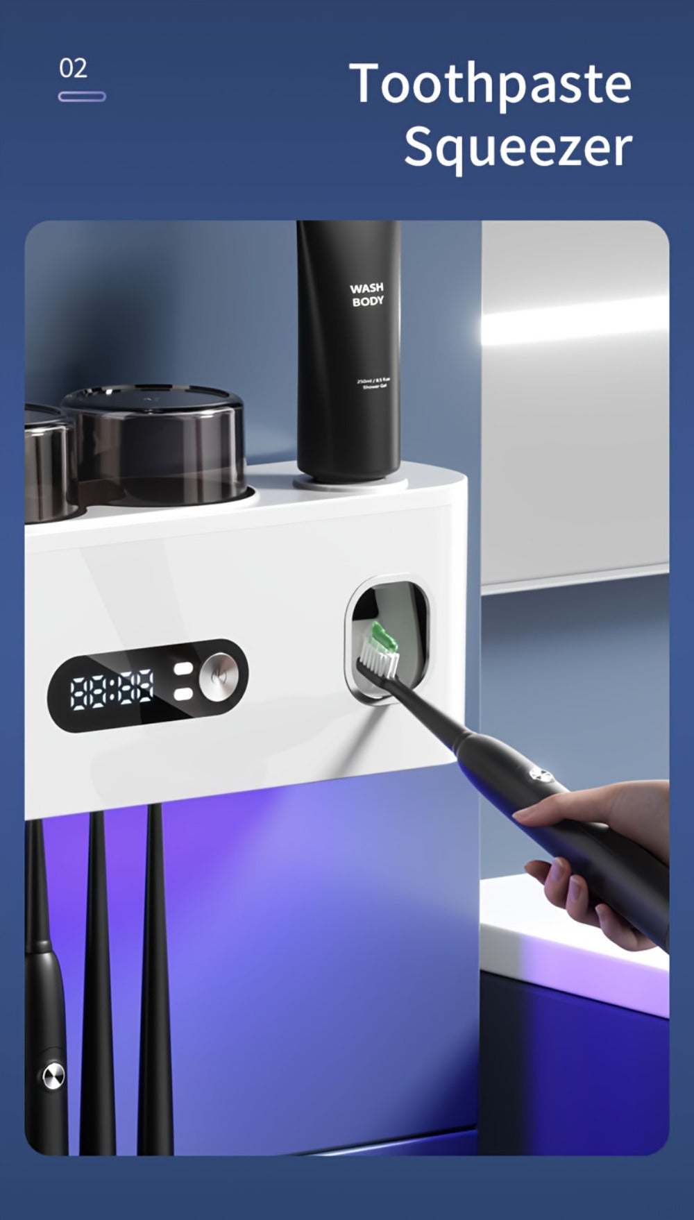 Toothbrush Holder with UV Sterilizer & Automatic Toothpaste Dispenser – 5-Slot Smart Bathroom Organizer with 2 Cups, USB Rechargeable, Clock Display, Durable Plastic Wall Mount for Family Oral Care
