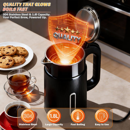Electric Kettle 1000W Double Wall Stainless Steel – 57.48oz 304 SS Hot Water Kettle with 360° Rotary Base, LED Light, Auto Shut-Off & Boil-Dry Protection, Instant Water Warmer for Coffee & Tea – Black