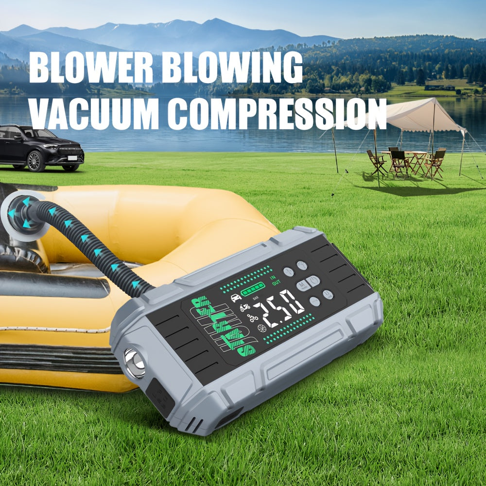 9000A Jump Starter Featuring an Air Compressor, Designed for All Gasoline And 2.11gal Diesel Engines. This Multifunctional Battery Pack Includes a Digital Tire Inflator, Blower Pump, PD65W Fast Charging Technology for Both Input And Output