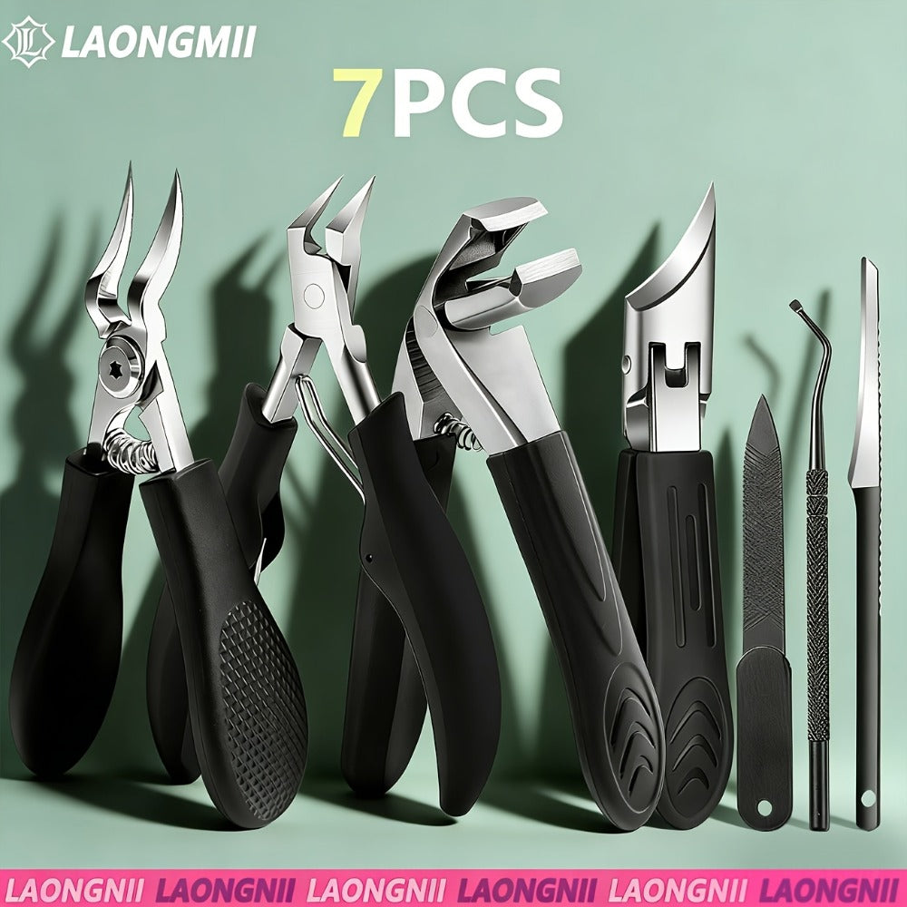 Toenail Clippers Set 7pcs Heavy Duty Wide Jaw — Professional Stainless Steel Pedicure Kit for Thick & Ingrown Toenails, Ergonomic Foot Care Tools for Men Seniors Adults Home Use