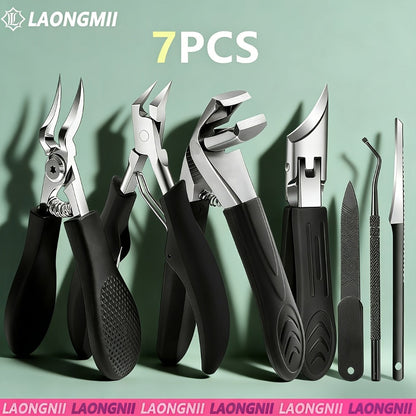 Toenail Clippers Set 7pcs Heavy Duty Wide Jaw — Professional Stainless Steel Pedicure Kit for Thick & Ingrown Toenails, Ergonomic Foot Care Tools for Men Seniors Adults Home Use
