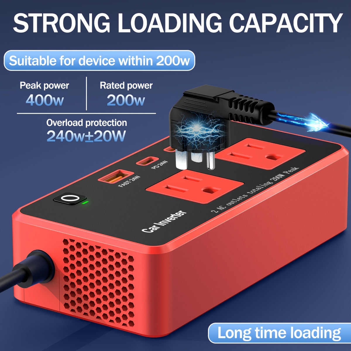 Car Power Inverter 200W, 12V DC to 110V AC Converter Car Outlet Adapter Outlet Fast Car Charger 4 USB Ports 24W [PD & QC 3.0 USB C USB A] Type C Vehicle Power Supply Car Plug Outlet for Road Trips, Camping, Without Battery