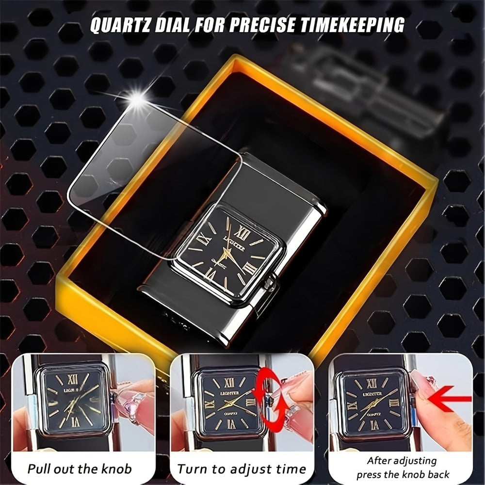 Double Flame Windproof Lighter Creative Retro Metal Lighter Dragon Eagle Gun Shape Quartz Dial Portable Outdoor Lighter Men Gift Box Butane Gas Not Included