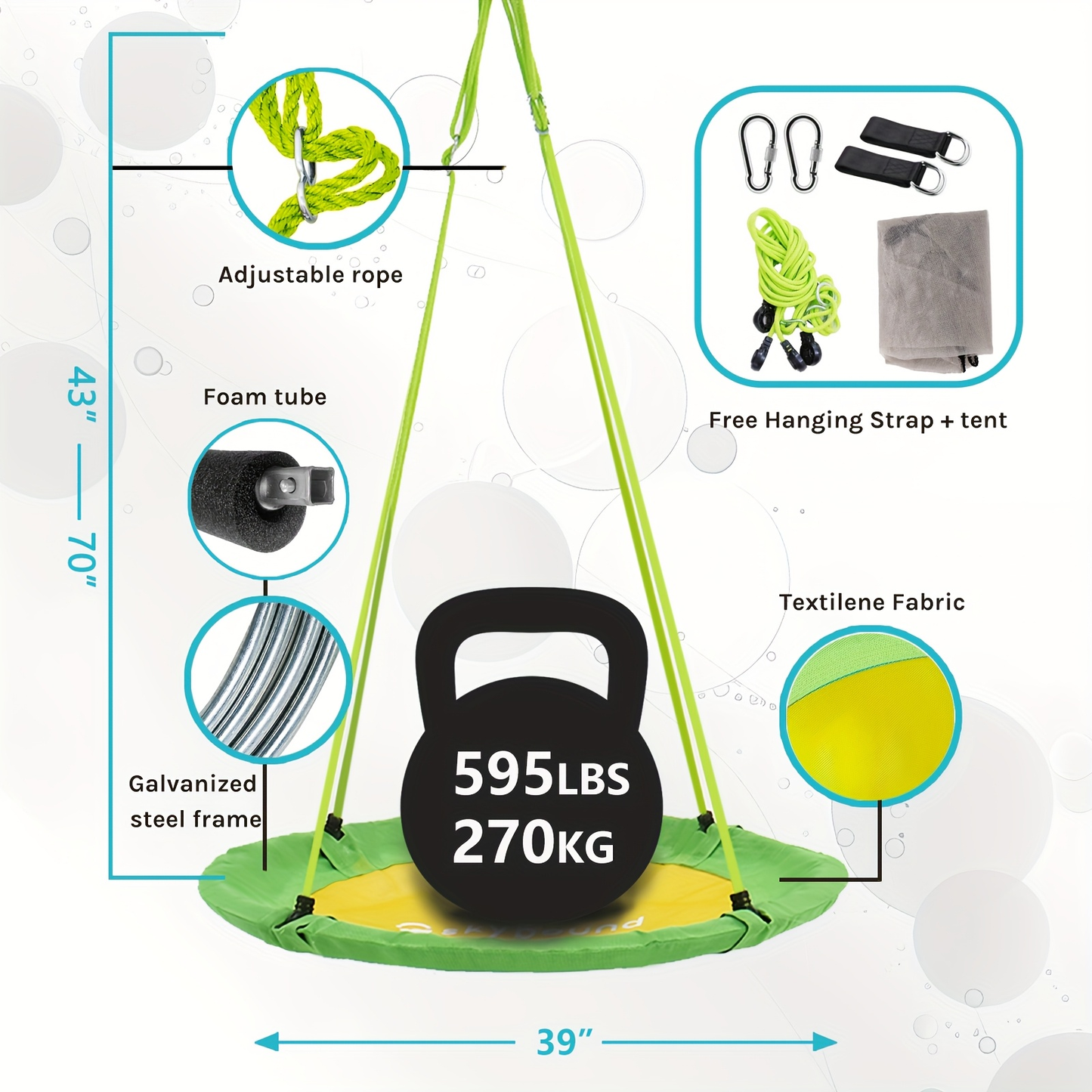 Flying Saucer Tree Swing 39"-43" – Textilene Fabric, UV & Tear Resistant, 360° Rotating with Adjustable Rope – Round Outdoor & Indoor Swing for Backyard & Garden, Multiple Colors