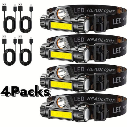 Rechargeable Headlamp 4 Pack, COB LED Head Lamp with Magnetic Base, USB Rechargeable Super Bright Headlight, Hands-Free Work Light for Camping Hiking Fishing Running Cycling, Hard Hat Clip Included