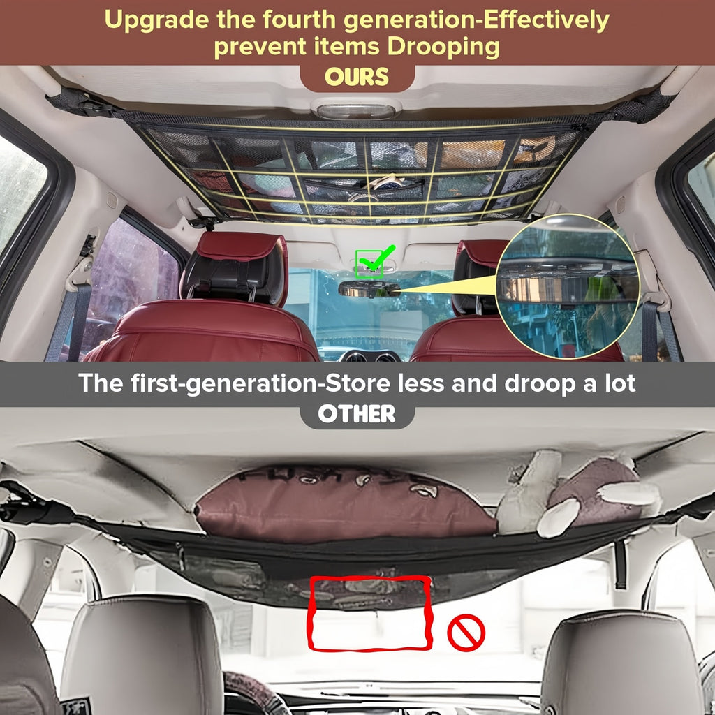 Upgrade Car Ceiling Cargo Net Pocket, 31.5"x21.6" Strengthen Load-Bearing and Droop Less Double-Layer Mesh Car Roof Storage Organizer,Truck SUV Travel Long Road Trip Camping Interior Accessories