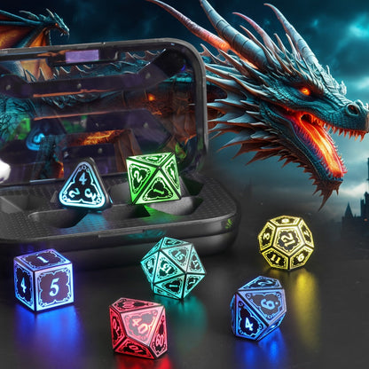 RGB LED DND Dice Set Rechargeable 7pcs – Illuminated Polyhedral Dice with Type-C Charging Case for D&D RPG Tabletop Games, Astral Shard Black, Glow in Dark Gift for Gamers
