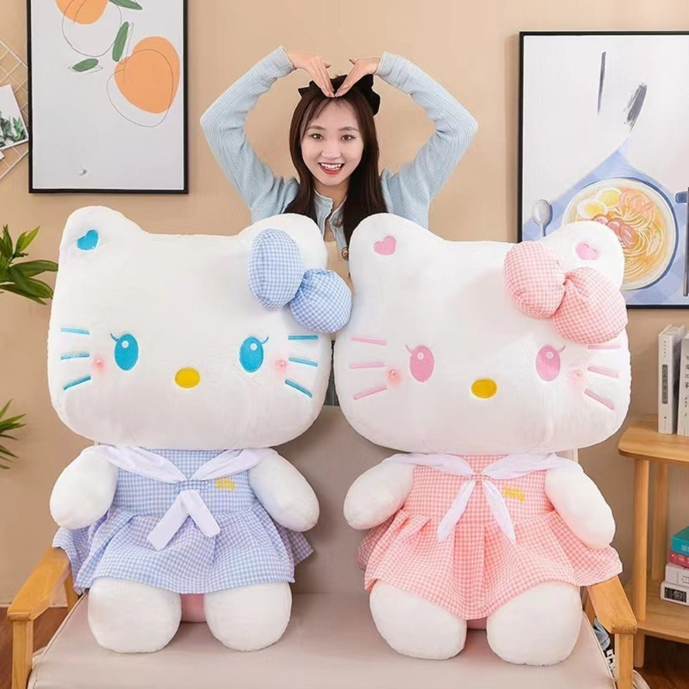 Hello Kitty Dress Up Plush 13.78 Inch — Sanrio Licensed KT Cat Stuffed Doll in Plaid Outfit, Oversized Kawaii Cuddle Pillow & Room Decor Gift for Girls Teens Pink Blue