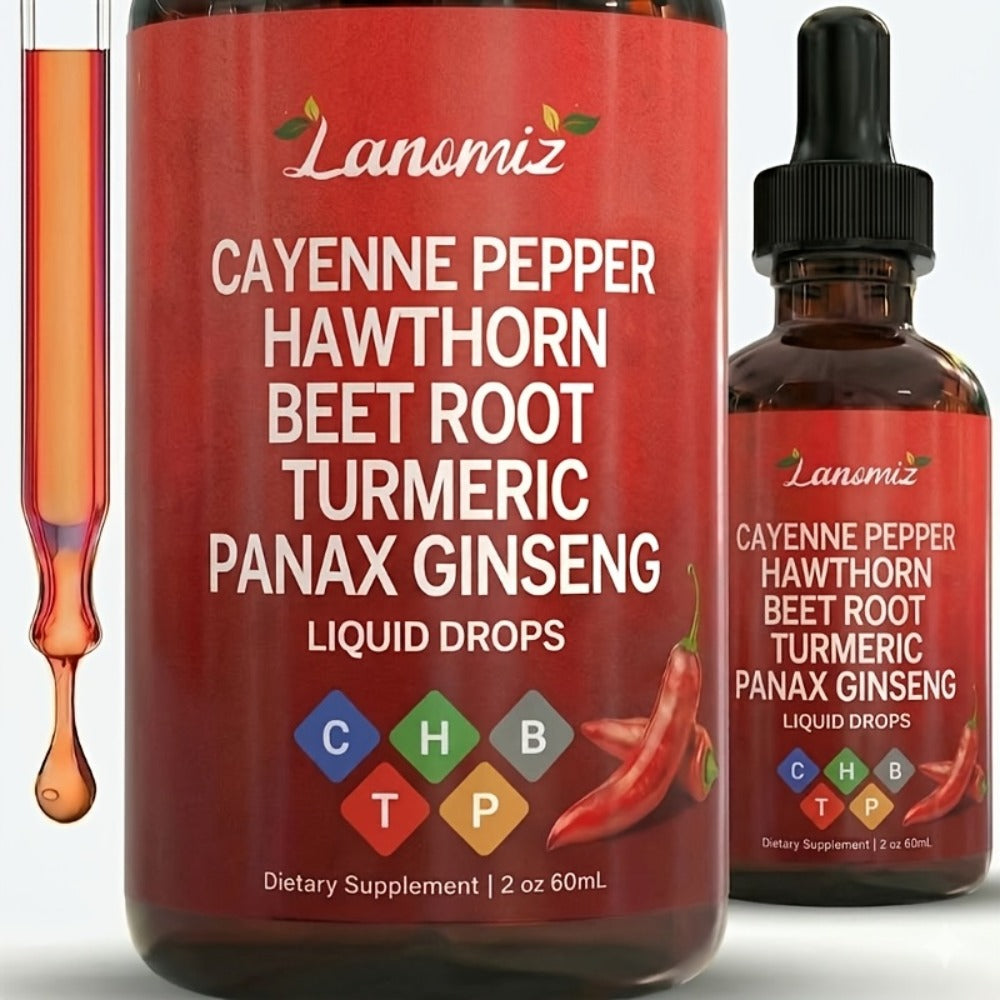 Cayenne Pepper Liquid Drops 2fl oz All-in-One Formula with Beet Root Turmeric Hawthorn Ginseng Ceylon Cinnamon - Daily Circulation Energy Heart Health Supplement Allergy-Friendly Unisex