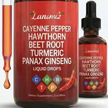 Cayenne Pepper Liquid Drops 2fl oz All-in-One Formula with Beet Root Turmeric Hawthorn Ginseng Ceylon Cinnamon - Daily Circulation Energy Heart Health Supplement Allergy-Friendly Unisex