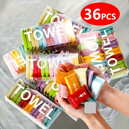Compressed Disposable Face Towels 36pcs – Pure Non-Woven Fabric Makeup Remover Wipes, Individually Wrapped Thickened Skin-Friendly Cleansing Cloths, Portable Travel Facial Towel Set Mixed Color