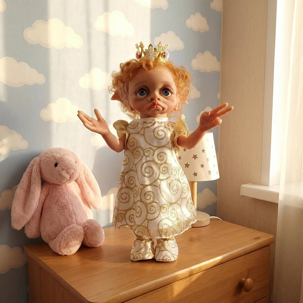 Fairy Elf Reborn Doll 15 Inch Soft Vinyl Full Body Hand-Painted Collectible Art Doll with Wavy Hair & Crown – Poseable Fantasy Girl Doll Gift for Kids Halloween Christmas Birthday