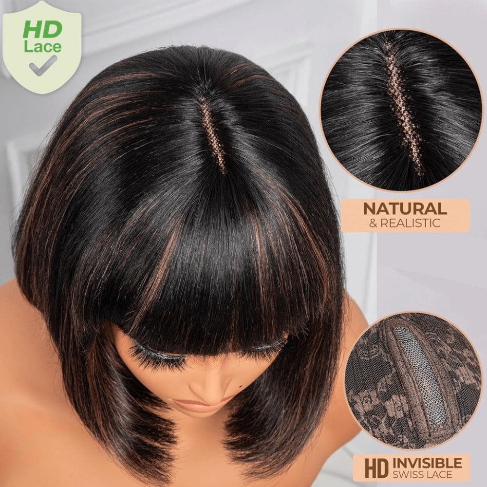 Straight Bob Wig with Bangs Human Hair 3x1 Lace Part Pre-Plucked Glueless Brazilian Short Bob 150 Density 1B/30 Highlight Natural Black 10-12 Inch Women
