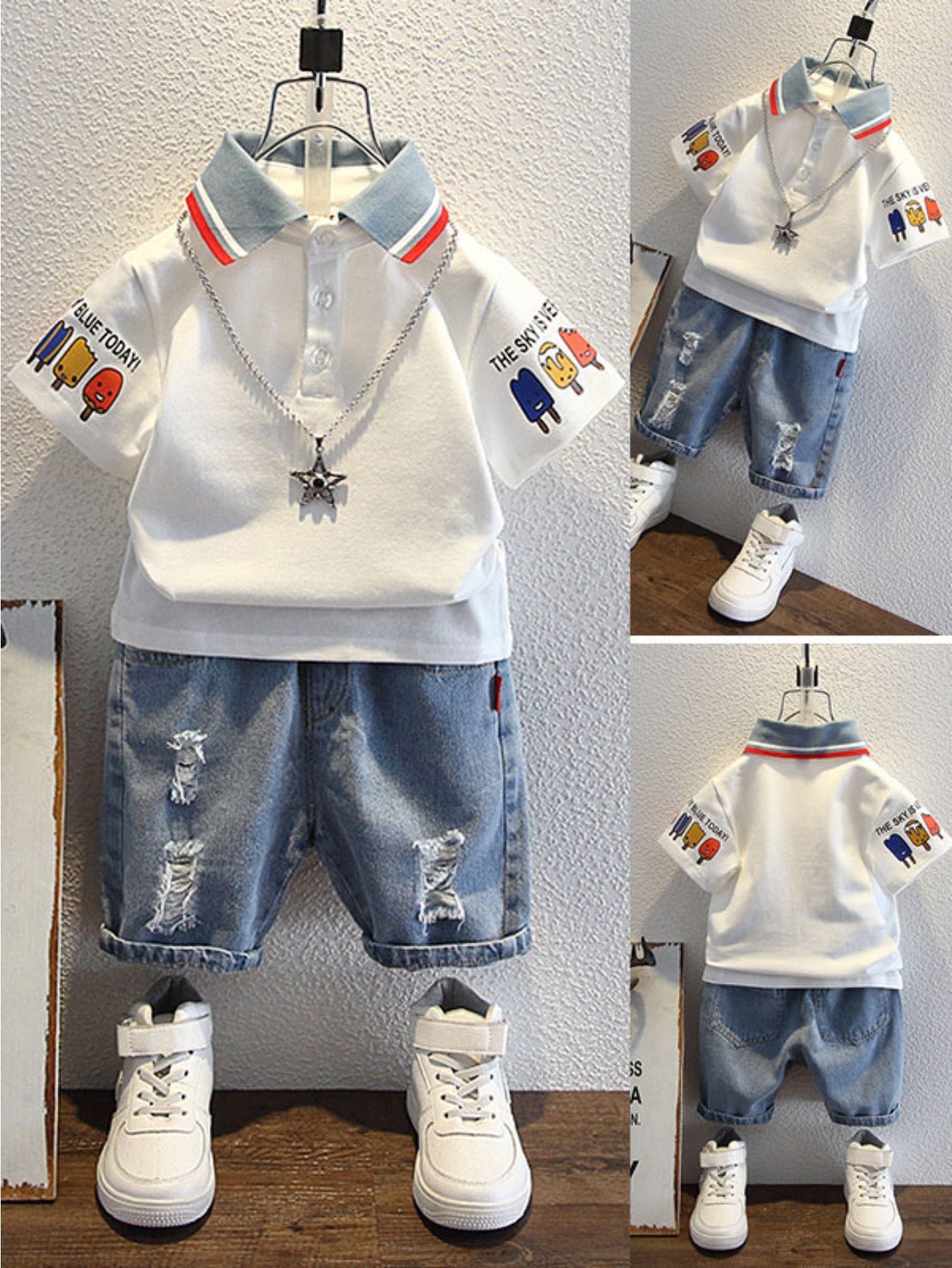 Boys' White Denim Printed Short-Sleeve Denim Shorts - product view 5
