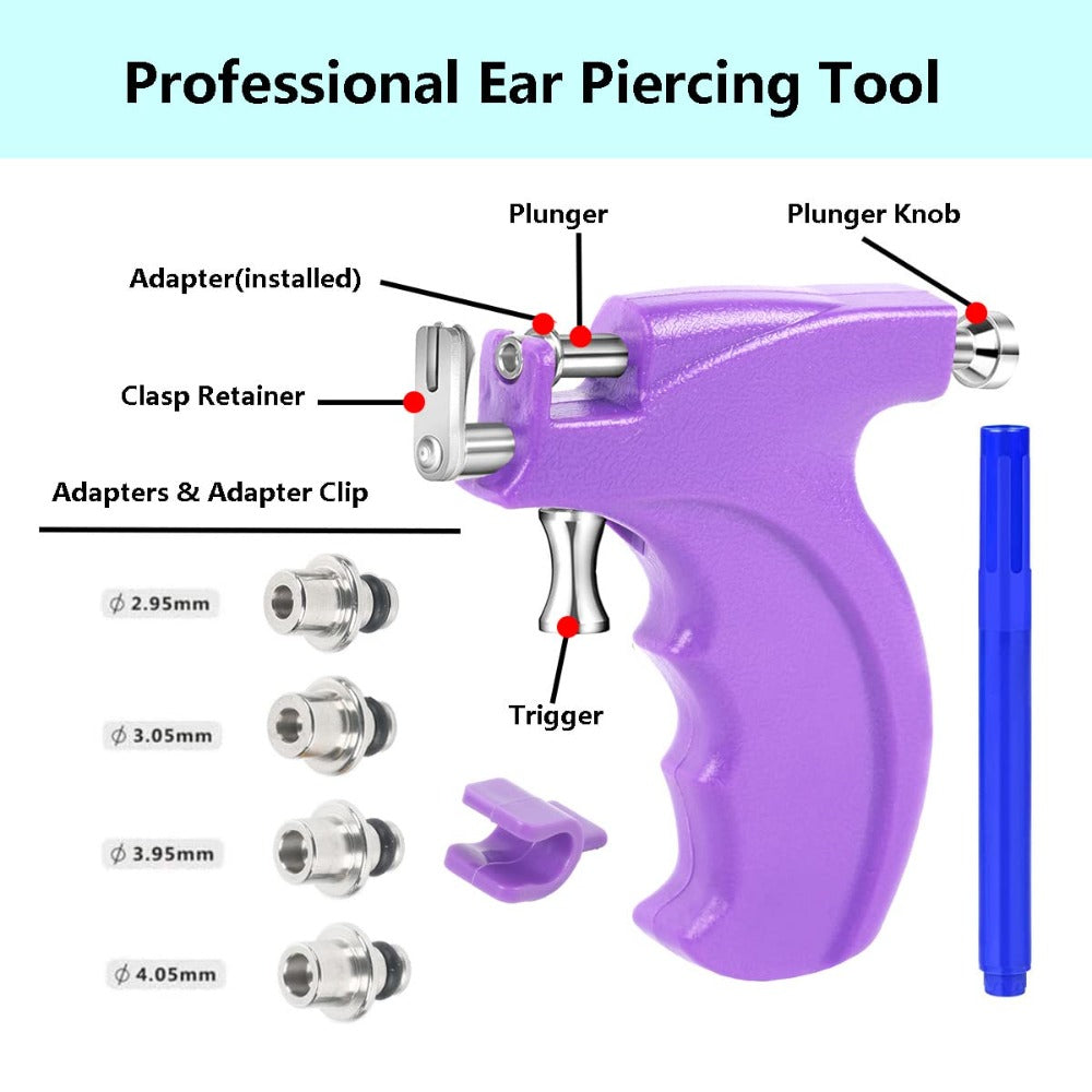 Ear Piercing Gun Kit with 24pcs Stainless Steel Studs – Professional Self Piercing Tool for Ear & Nose with Marking Pen, Safe & Easy to Use for Home & Salon