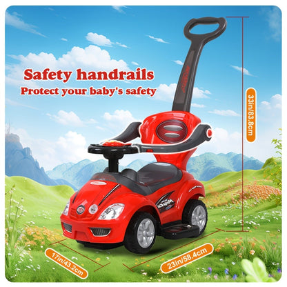 3-in-1 Toddler Push Ride & Walker Car – Baby Ride-On Toy with Guardrail, Music & Under-Seat Storage for Ages 18–36 Months | Indoor Outdoor Safe Play | Pink, Red