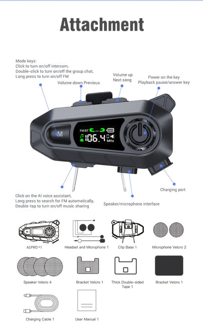 Motorcycle Helmet Bluetooth Intercom Headset 500M Range Bluetooth 5.3 LED Display Noise Cancelling Voice Control FM Radio Music Sharing for Off-Road Riding