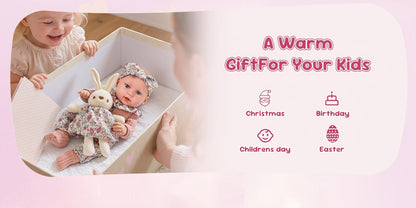 Floral Dress Baby Doll 12 Inch with Rabbit Plush Toy Gift Set – Realistic Vinyl Doll with Floral Outfit, Headscarf, Socks & Bunny Toy, Creative Dress-Up Playset for Girls Ages 3+, Birthday Holiday Gift