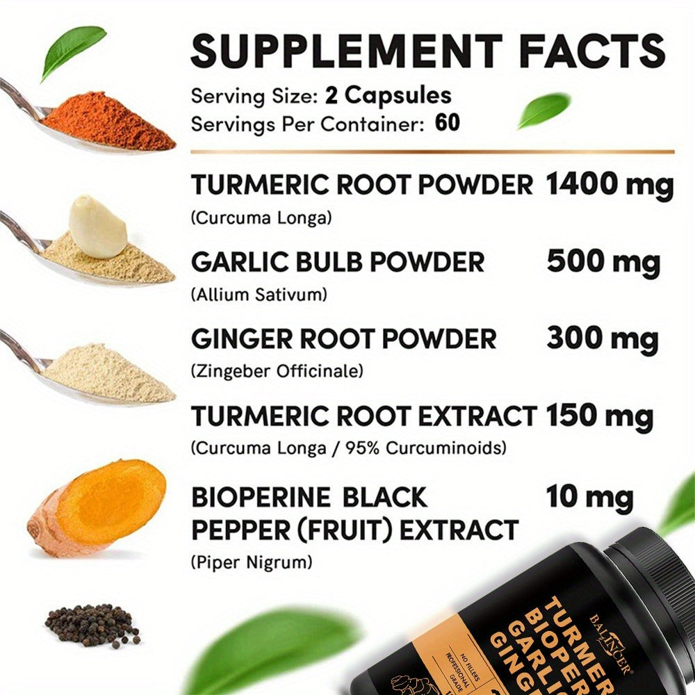 Turmeric Garlic Ginger Supplement 2360mg with Black Pepper – 4-in-1 Anti-Inflammatory, Joint & Immune Support Herbal Formula for Women & Men, 120 Capsules