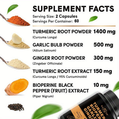 Turmeric Garlic Ginger Supplement 2360mg with Black Pepper – 4-in-1 Anti-Inflammatory, Joint & Immune Support Herbal Formula for Women & Men, 120 Capsules