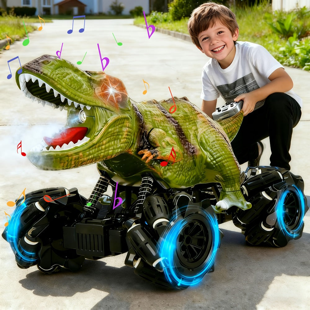 Spray Mist RC Monster Truck Dinosaur with Side-to-Side Drift LED Lights & Sound Effects – All-Terrain Stunt Remote Control Car for Kids Ages 6+ Birthday Easter Gift w/ or w/o Spray