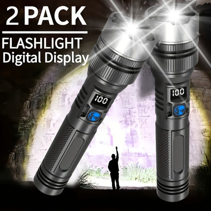 LED Flashlight Rechargeable 1000 Lumen – 2-Pack Super Bright Tactical Flashlight with Digital Display, Camping Fishing Hunting Emergency Lighting, Gift Box Included, Father's Day Gift for Men