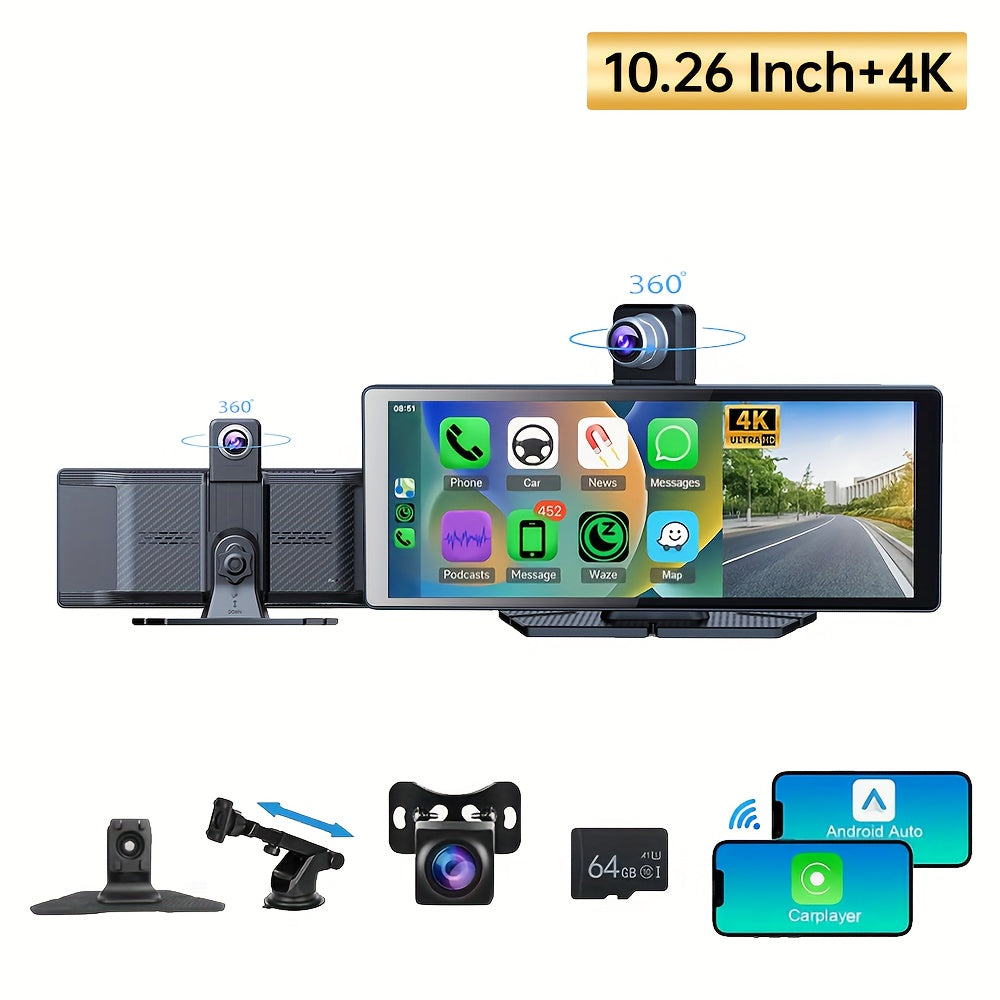 Cinandrow Wireless Carplay Touchscreen With 4K Dash Cam, 10.26" Portable Apple Carplay & Android Auto Car Stereo, Carplay Screen With 2160p Backup Camera, GPS Navigation/Mirror Link/Voice Control/Bt