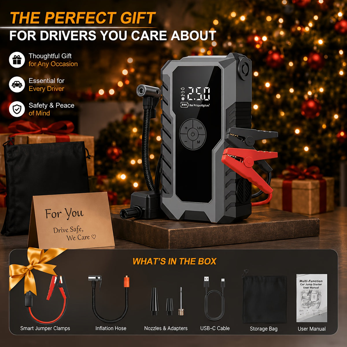 10000A 7-In-1 Multifunctional Emergency Jump Starter with 150PSI Air Pump, Digital Tire Inflator, Portable Car Battery Charger, Up to 2.64gal Gas/2.38gal Diesel, LED Emergency Light & USB Charging, Car Emergency Tool. Suitable As a Holiday Gift