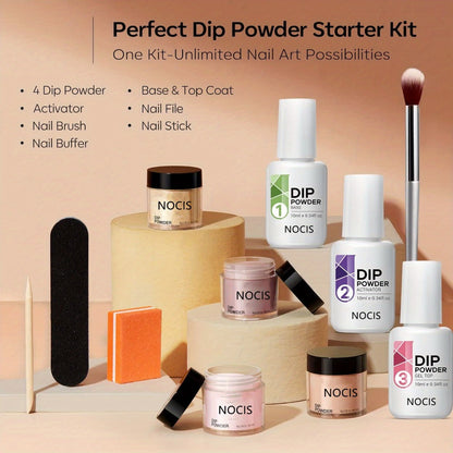 Dip Powder Nail Kit 11 Piece Complete Starter Set 4 Colors Nude Skin Tone Golden Glitter Acrylic Dipping Powder with Base Coat Top Coat & Activator - No Lamp French Nail Art Manicure Gift Set